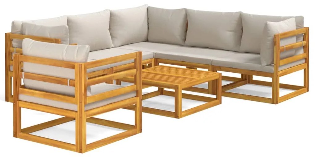 Set salotto giardino 7pz cuscini grigio chiaro legno massello