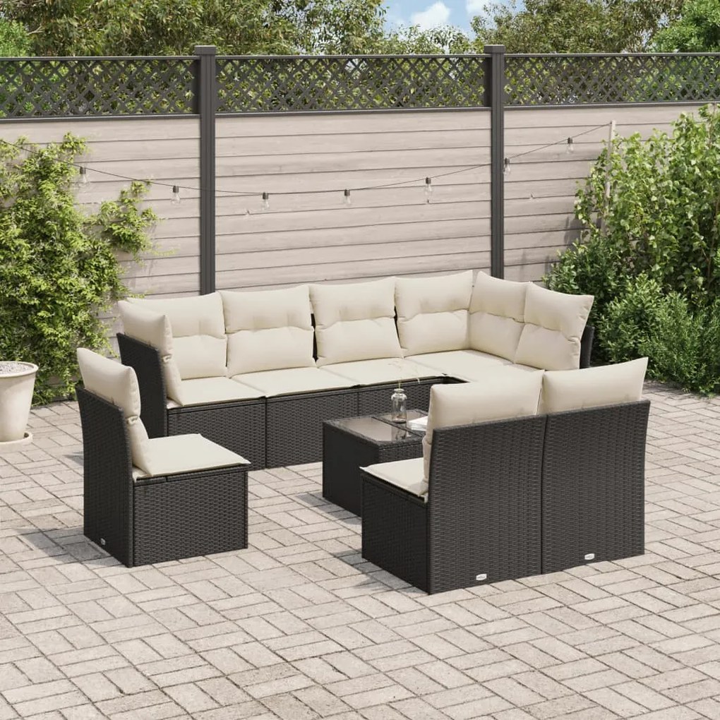 Set Divani da Giardino 9 pz con Cuscini Nero in Polyrattan