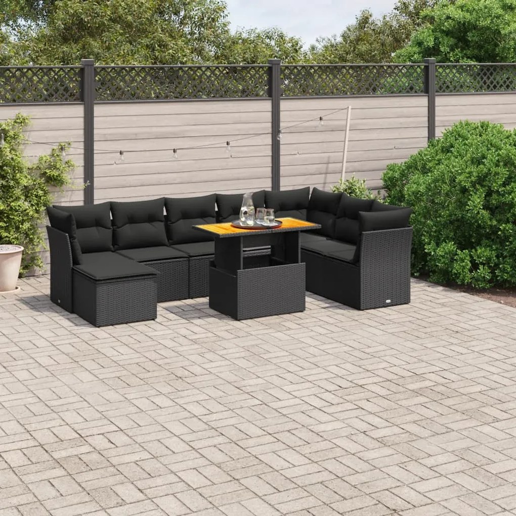 Set divani da giardino 9 pz con cuscini nero in polyrattan