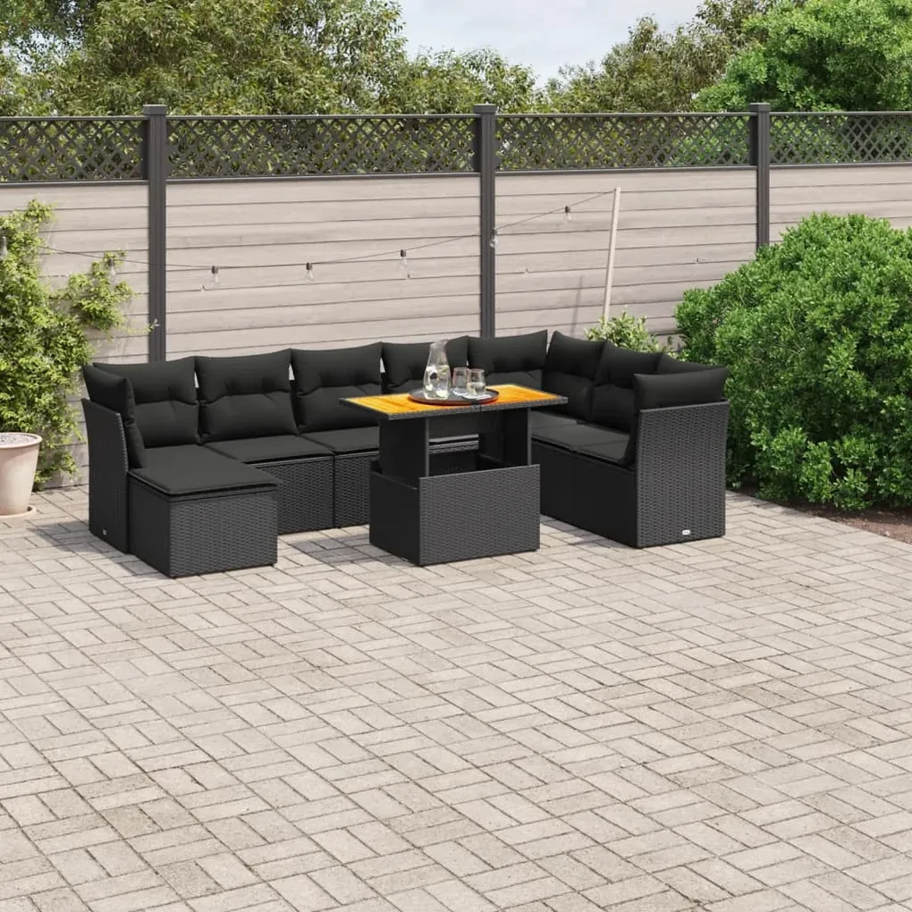 Set divani da giardino 9 pz con cuscini nero in polyrattan