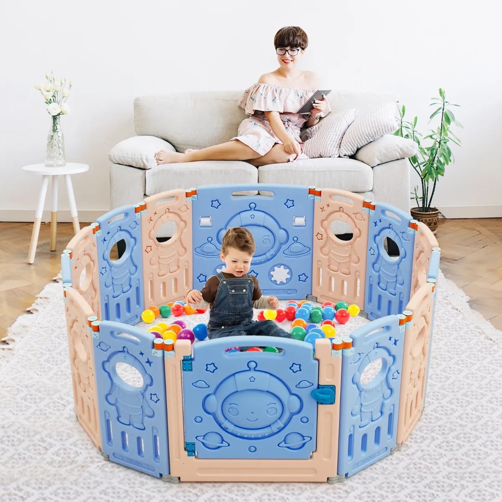 Costway Box pieghevole con 14 pannelli e chiusura di sicurezza, Recinto portatile per bambini con forma regolabile