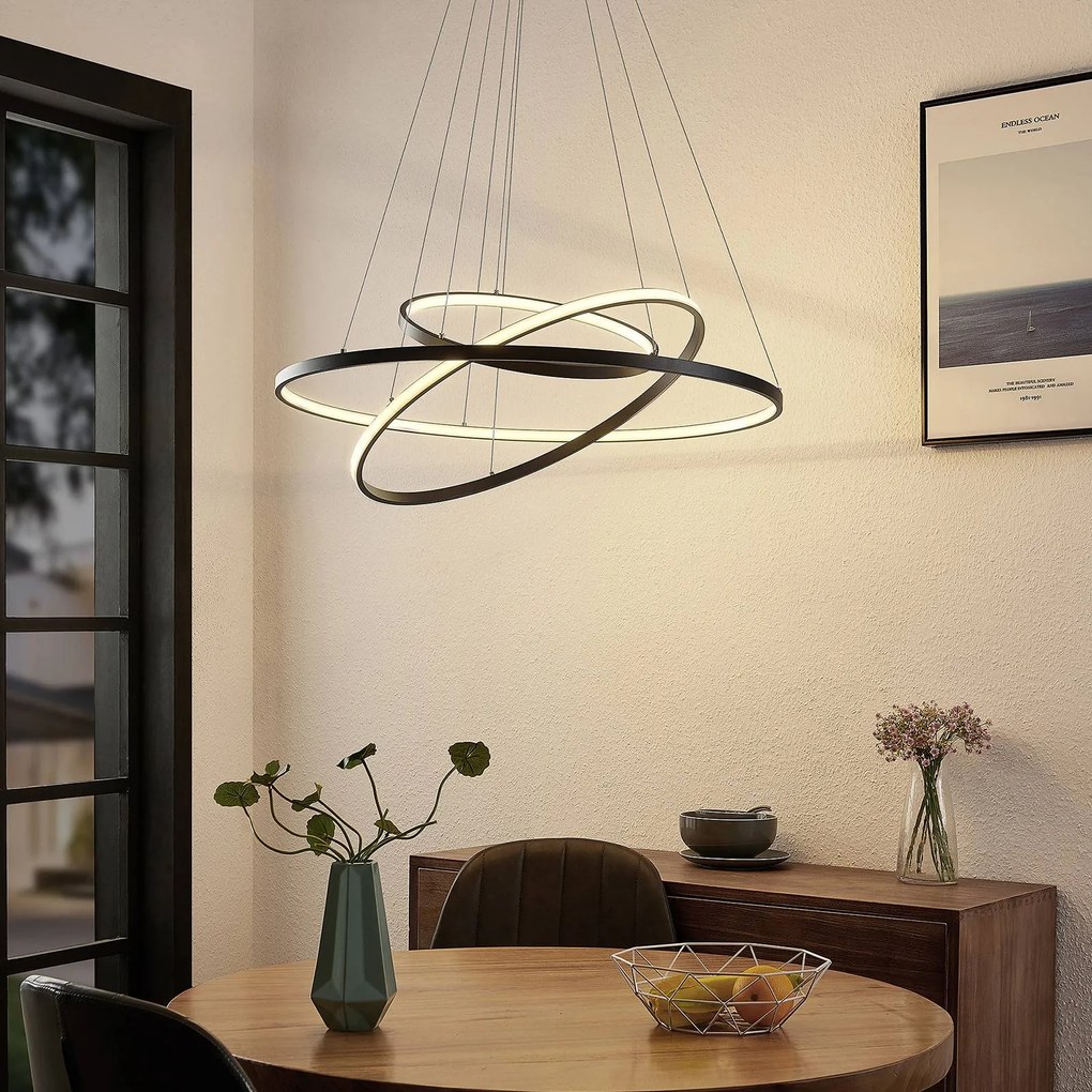 Lampada LED a sospensione Lucande Ezana, nero, metallo, Ø 80 cm Ezana Lucande, dimmerabile, Nero, Soggiorno / Sala da pranzo, Metallo, Moderno