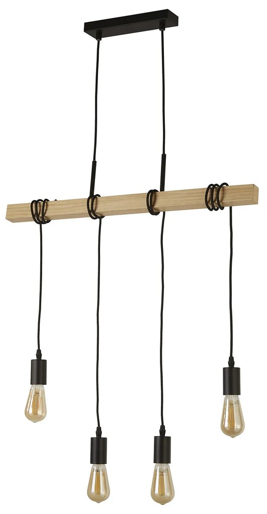 Lampadario Industrial-Nordico Legnoso Acciaio Marrone Legno 4 Luci E27