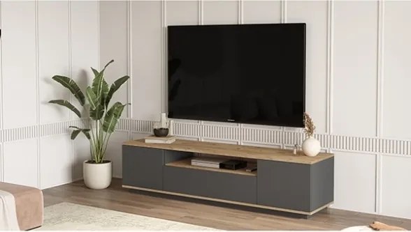 Mobile TV Da Terra 180 Cm Con Vano Ed Ante Antracite E Legno Todd
