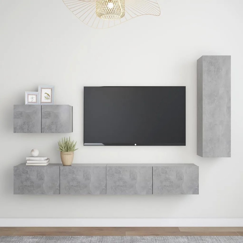 Set Di Mobili Porta Tv 4 Pz Grigio Cemento İn Legno Multistrato /