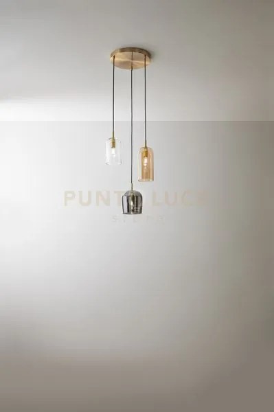Sospensione in vetro 3 luci coro ( 1 trasparente, 1 ambra specchiat...