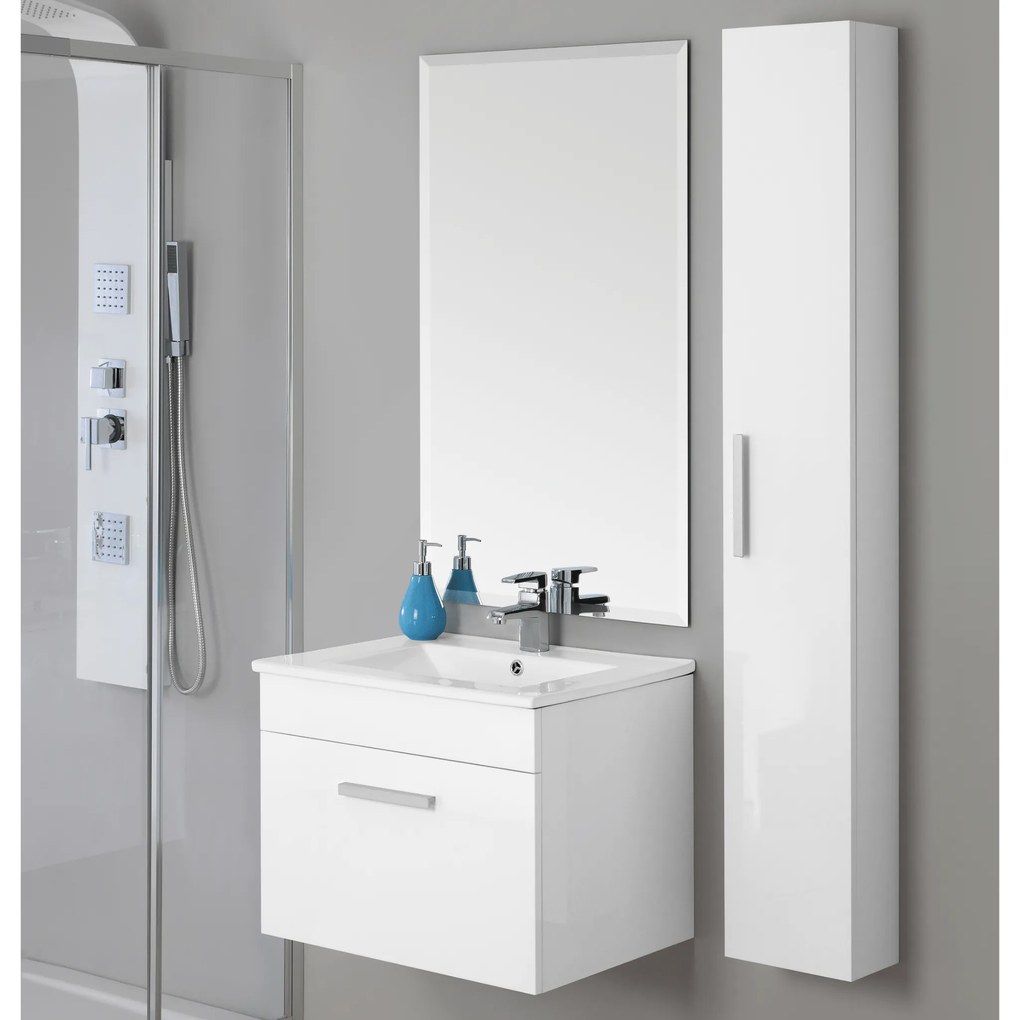 Mobile Bagno Sospeso 60 Cm Un'Anta Specchio 100x60 Cm Feridras "Show" Bianco Opaco/Bianco Lucido