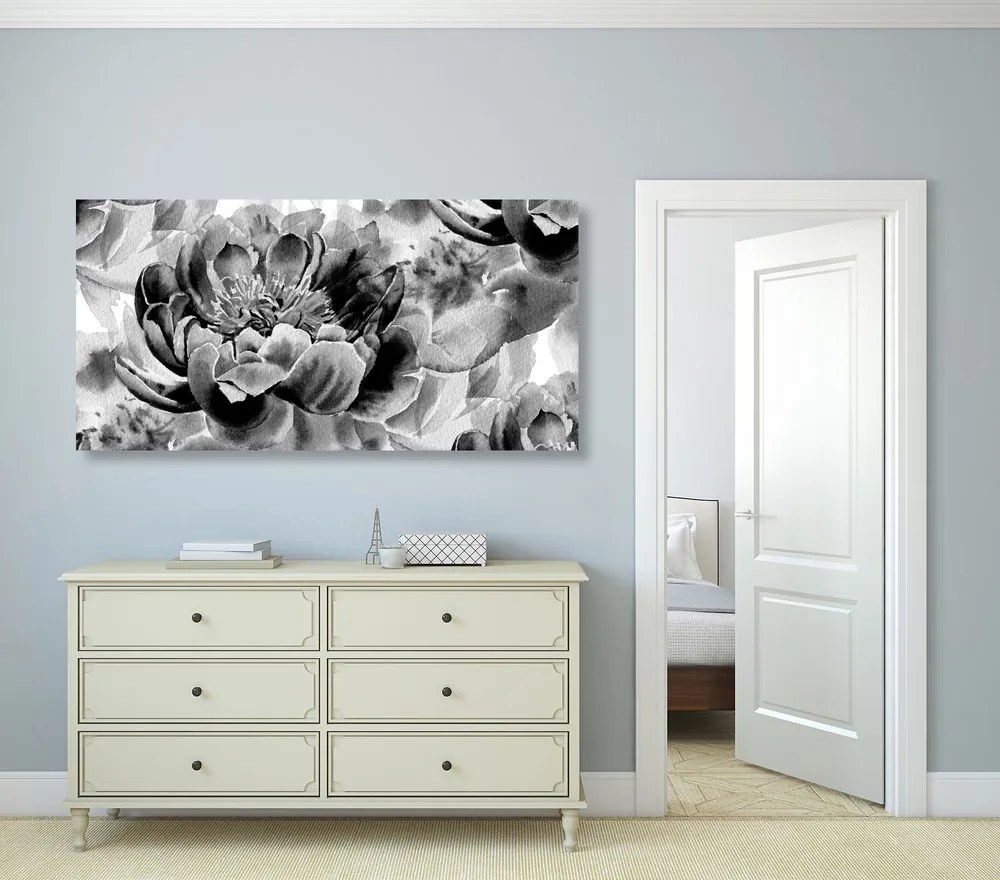 Quadro su tela – Peonie in bianco e nero