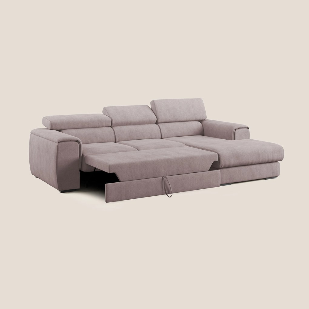 Zeno Divano angolare con pouf estraibile poggiapiedi in tessuto morbido impermeabile T02 rosa