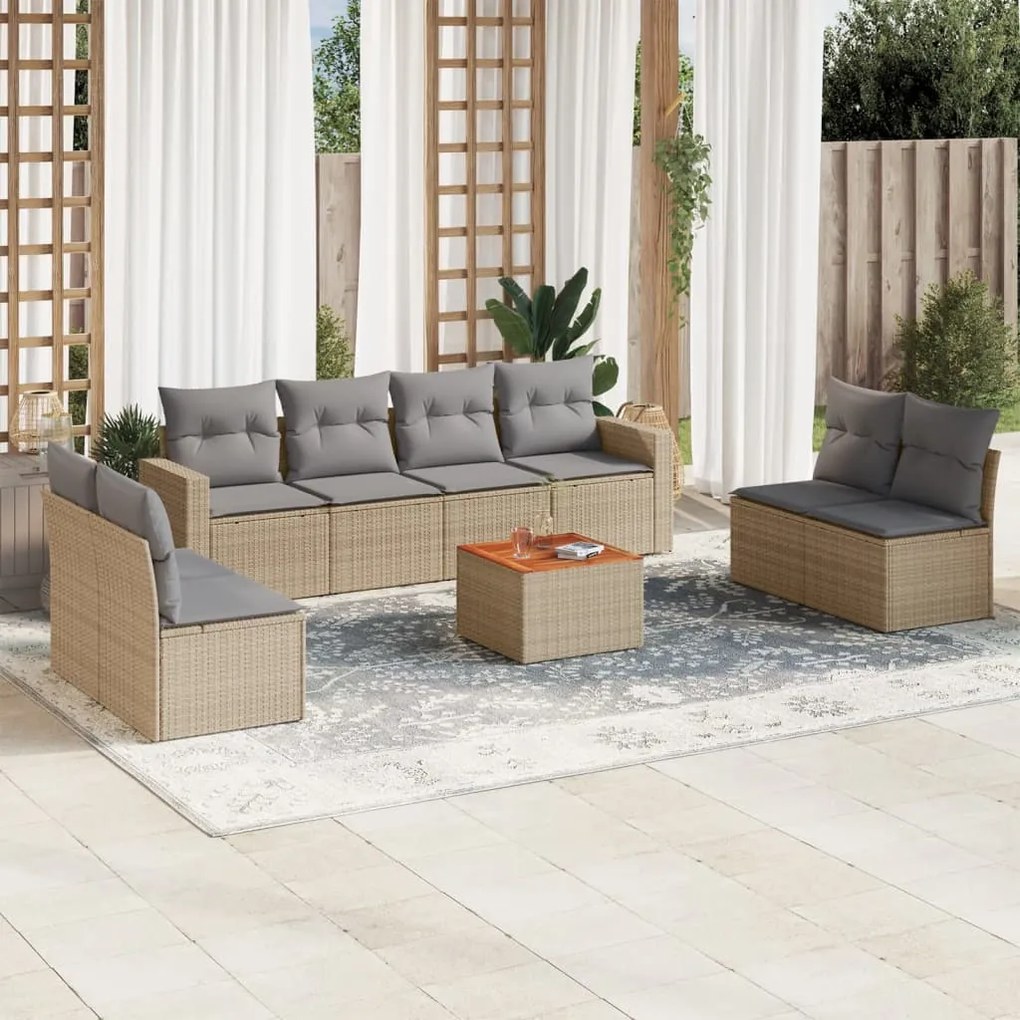 Set divano da giardino 9 pz con cuscini beige in polyrattan