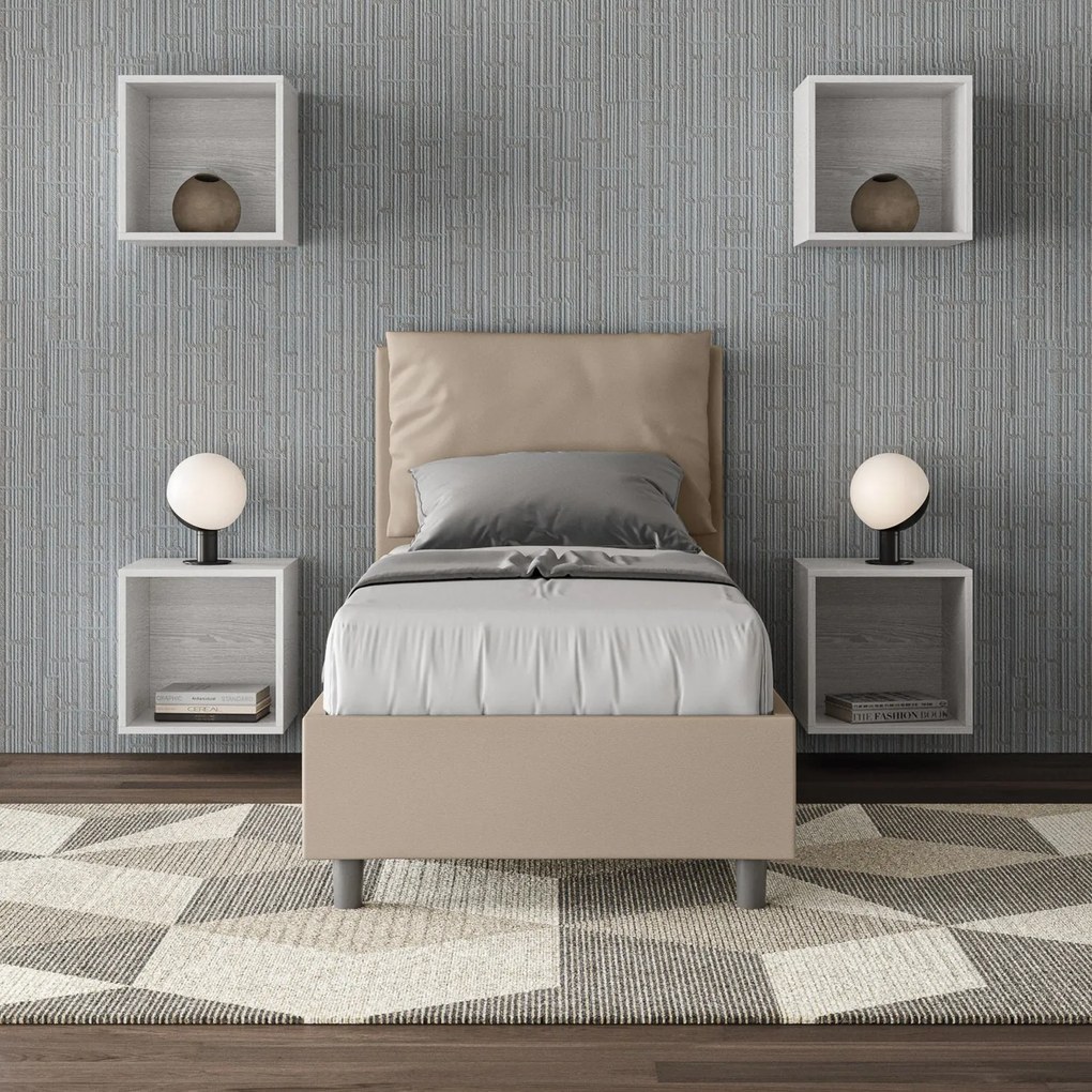 Letto singolo imbottito similpelle Antea con e senza rete e contenitore 80x210, Tortora / Con Rete