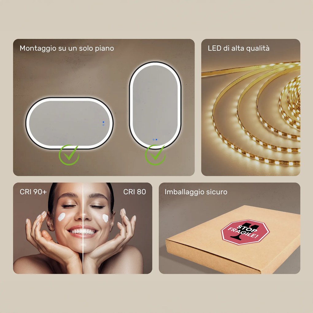 Specchio ovale con retroilluminazione LED con cornice in alluminio nero