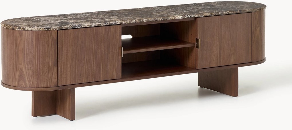 Mobile TV in legno con angoli arrotondati e piano in marmo Zumi