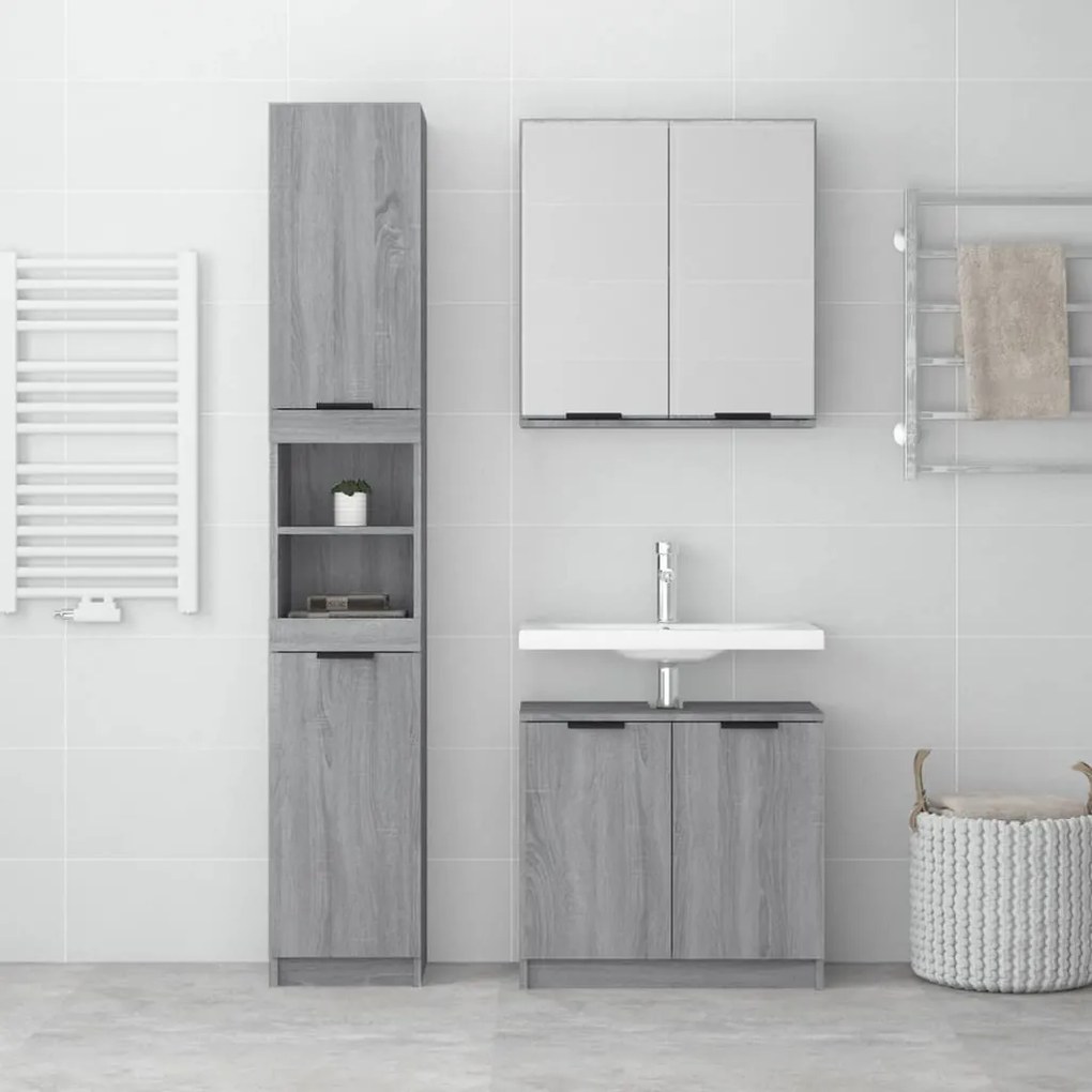 Set mobili da bagno 3 pz grigio sonoma in legno multistrato