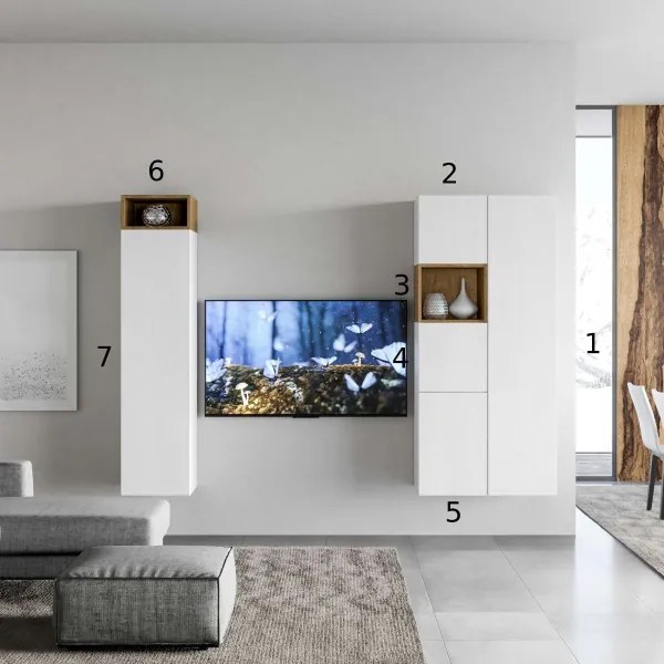 Parete soggiorno Isoka A28 H.174 P.39,5 Bianco e Quercia