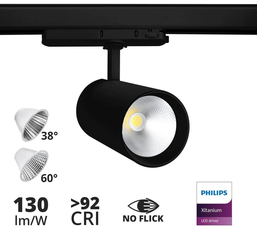 Faro LED 42W per Binario Trifase 38° + 60° Nero PHILIPS Xitanium CRI92 Colore Bianco Caldo 2.700K