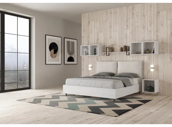 Letto matrimoniale contenitore 160x190 bianco frassino cuscini similpelle bianco Egos Antea