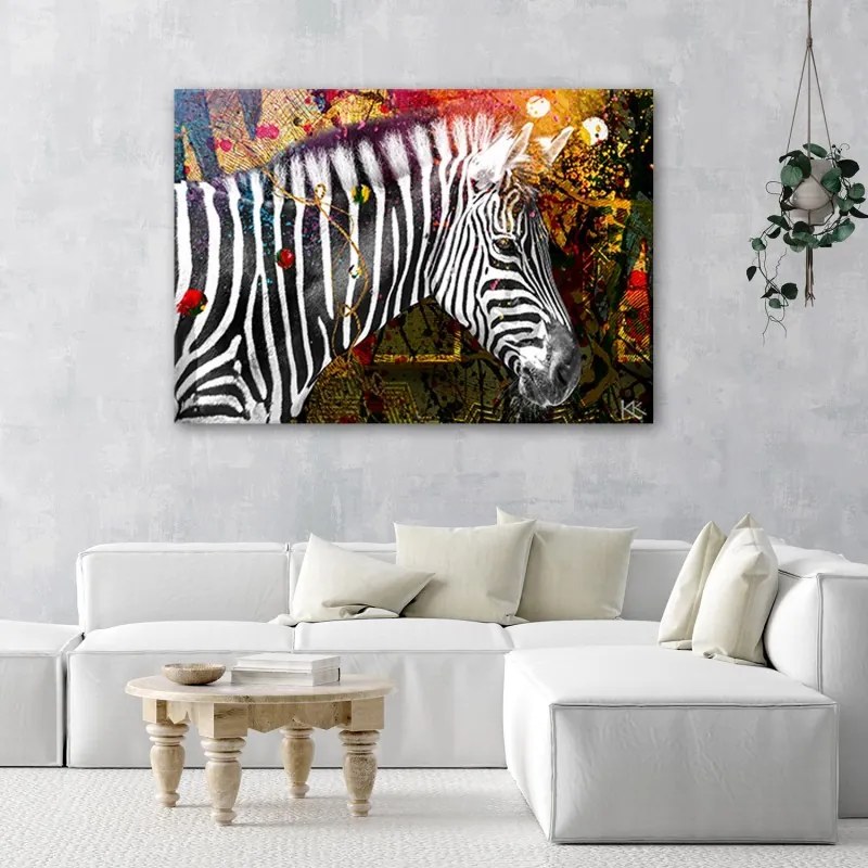 Quadro su tela, Zebra su uno sfondo colorato  Dimensioni 100x70