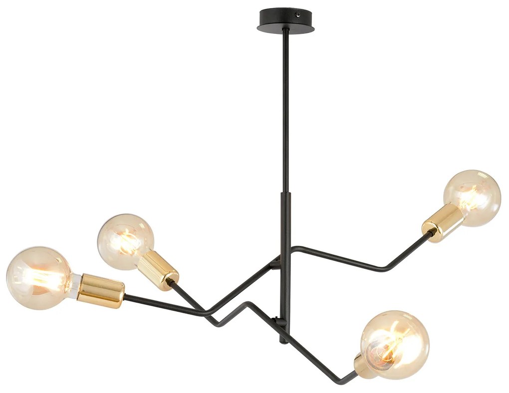 Sospensione Industrial 4 Luci Temi In Acciaio Nero E Oro Bracci Regolabili