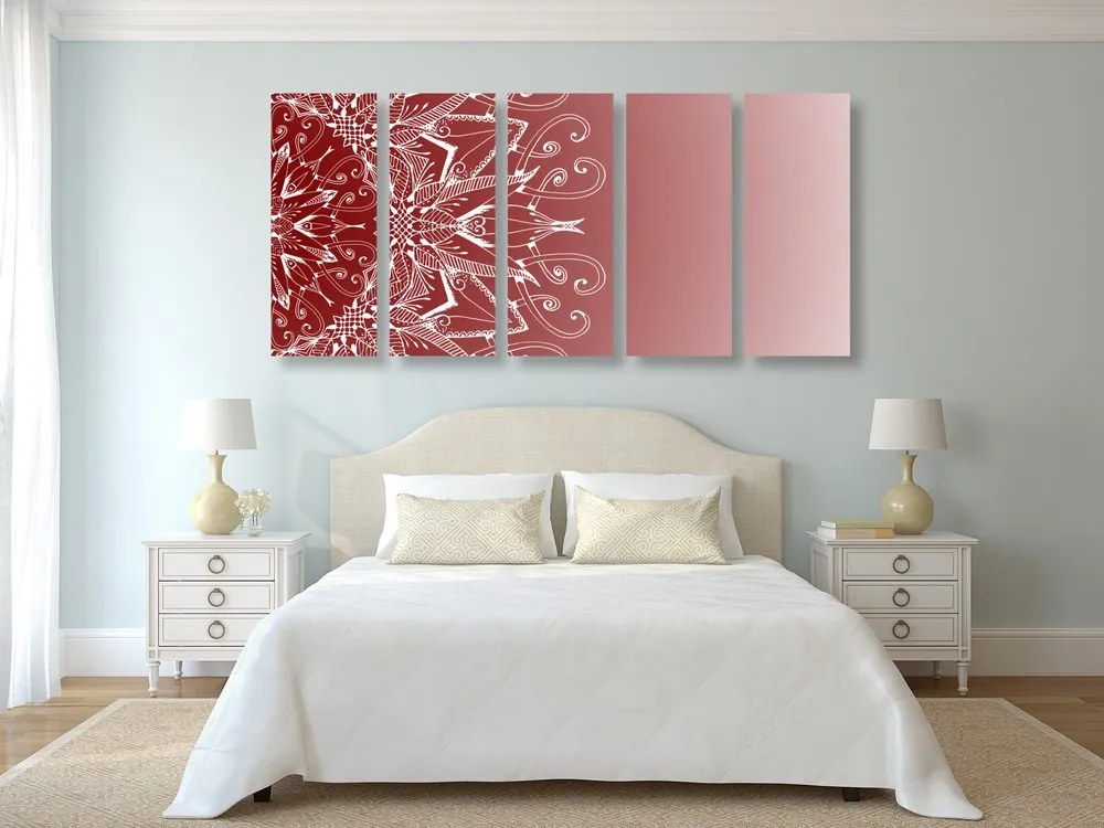 Quadri 5 pezzi – Mandala bianco su sfondo bordeaux