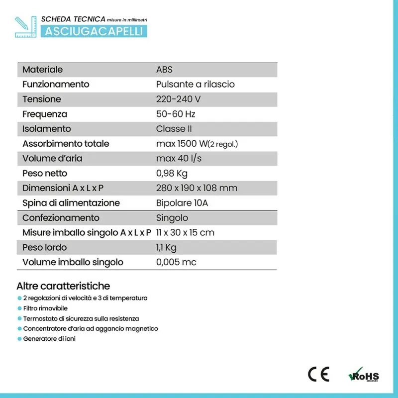 Asciugacapelli Nero con motore brushless con base murale e tasto a rilascio