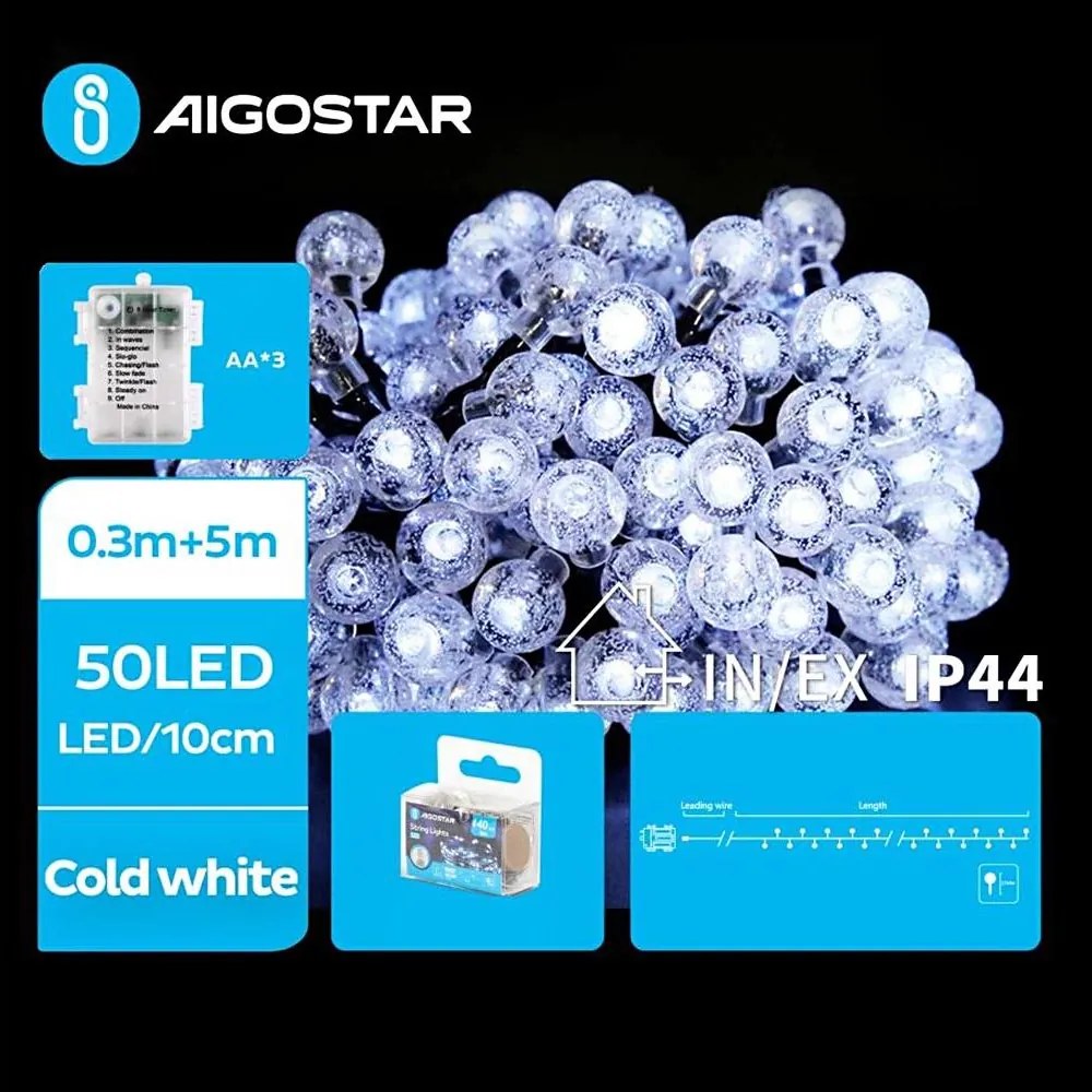Aigostar - Catena luminosa LED da esterno 50xLED/3xAA/8 funzioni 5,3 m IP44 bianco freddo