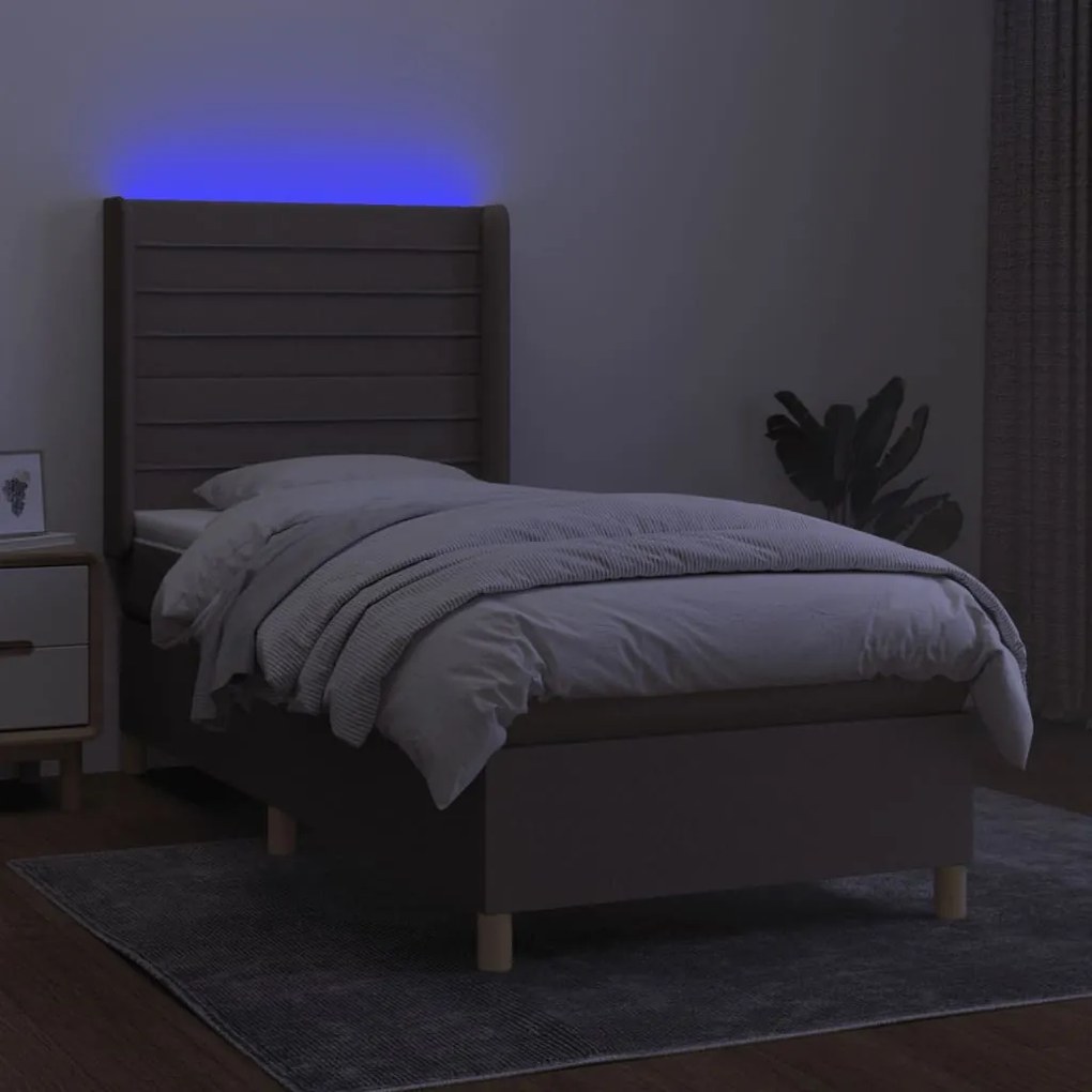 Letto a molle con materasso e led tortora 100x200cm in tessuto