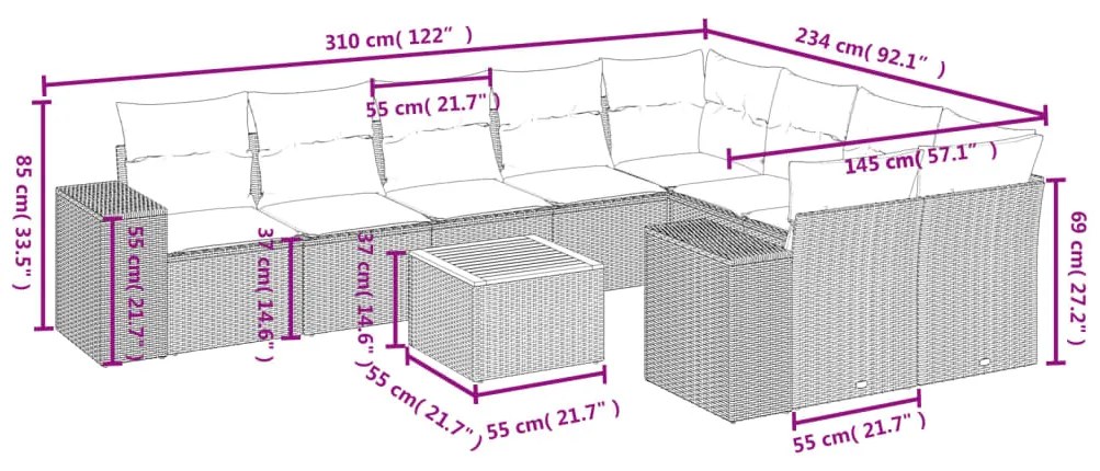 Set Divano da Giardino 10 pz con Cuscini Beige in Polyrattan