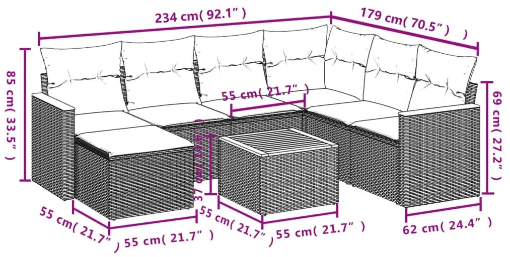 Set divani da giardino con cuscini 8 pz nero in polyrattan