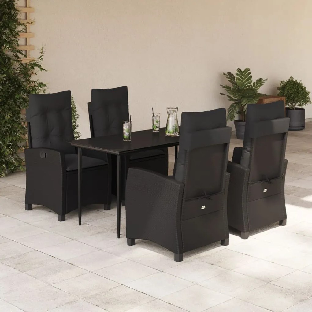 Set da pranzo da giardino 5 pz nero con cuscini in polyrattan
