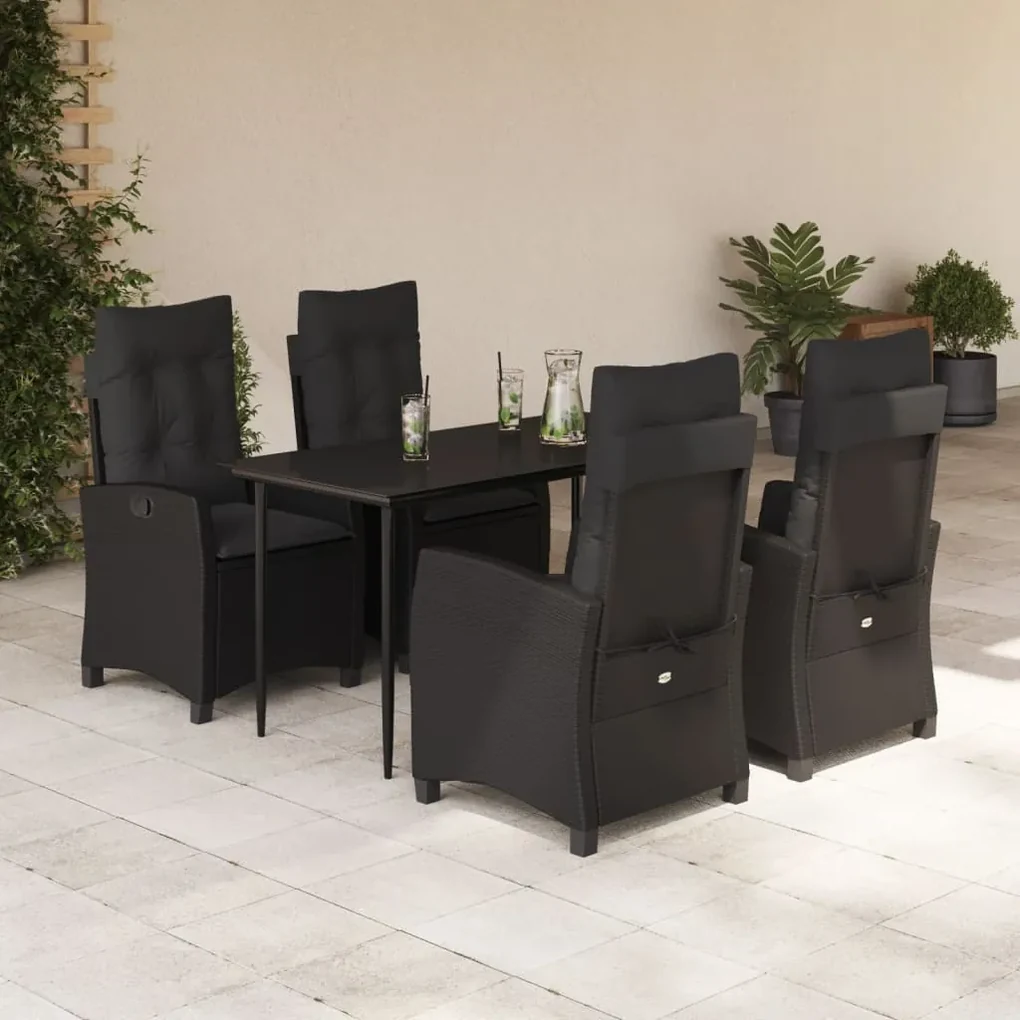 Set da pranzo da giardino 5 pz nero con cuscini in polyrattan