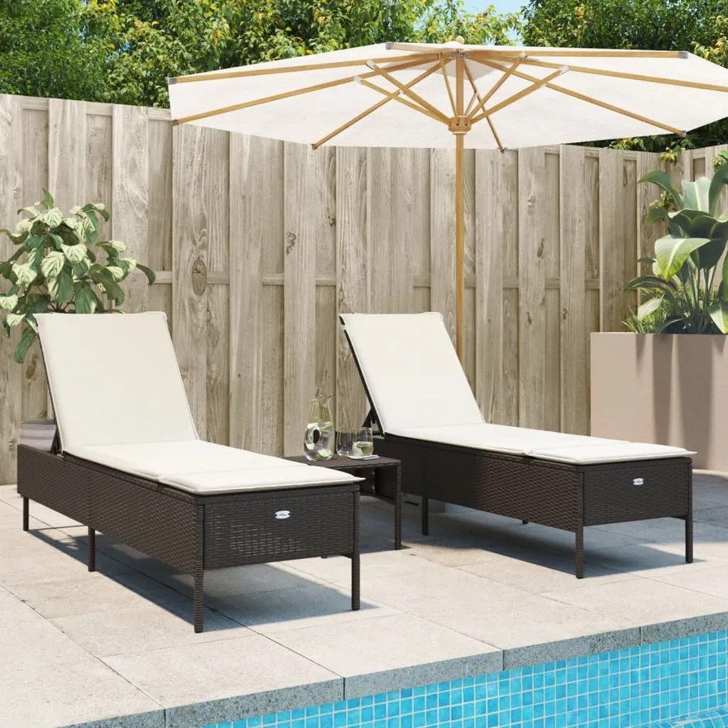 Set lettini prendisole con cuscini 3pz marrone in polyrattan