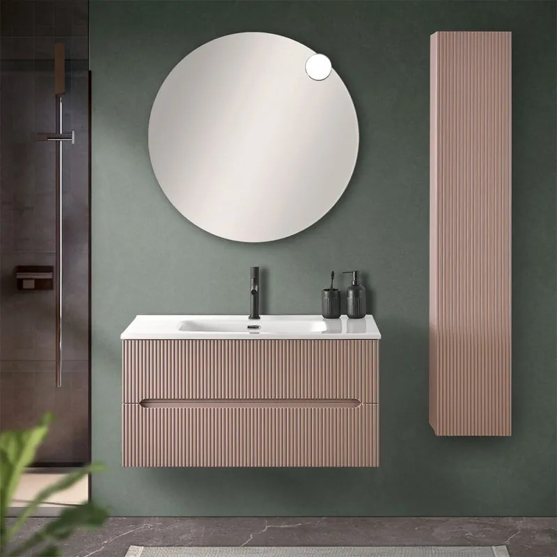 Mobile bagno sospeso cannettato 90 cm rosa con specchio   Bali