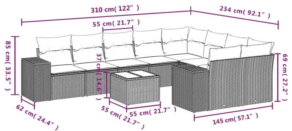 Set divano da giardino 10 pz con cuscini beige in polyrattan