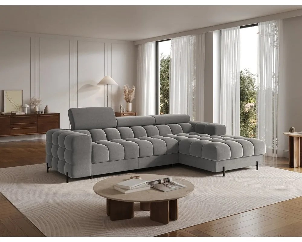 Divano angolare grigio tortora allungabile/con contenitore (con penisola a destra/con chaise lounge) con rivestimento in velluto Felro – ELTAP