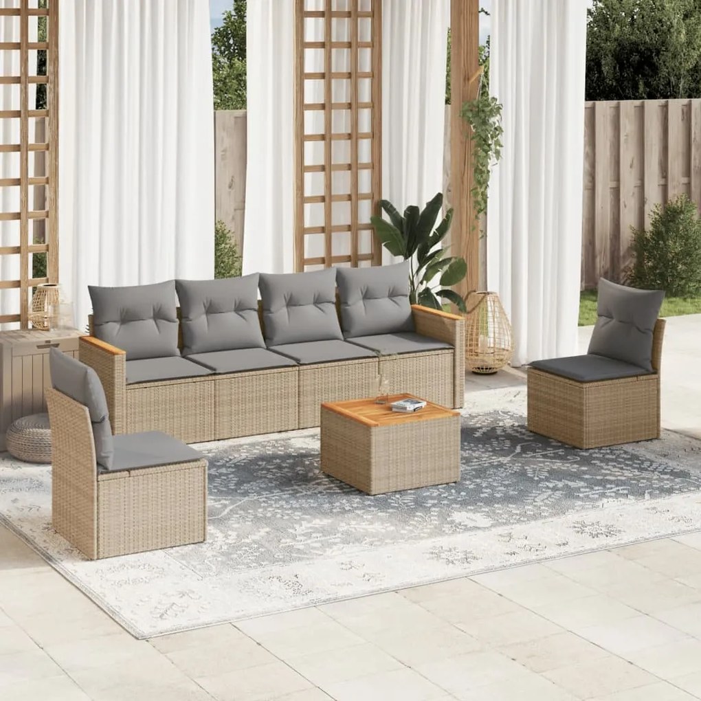 Set Divani da Giardino 7 pz con Cuscini Beige in Polyrattan