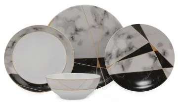 Set da tavola 24 pezzi, nero/bianco/oro, in porcellana