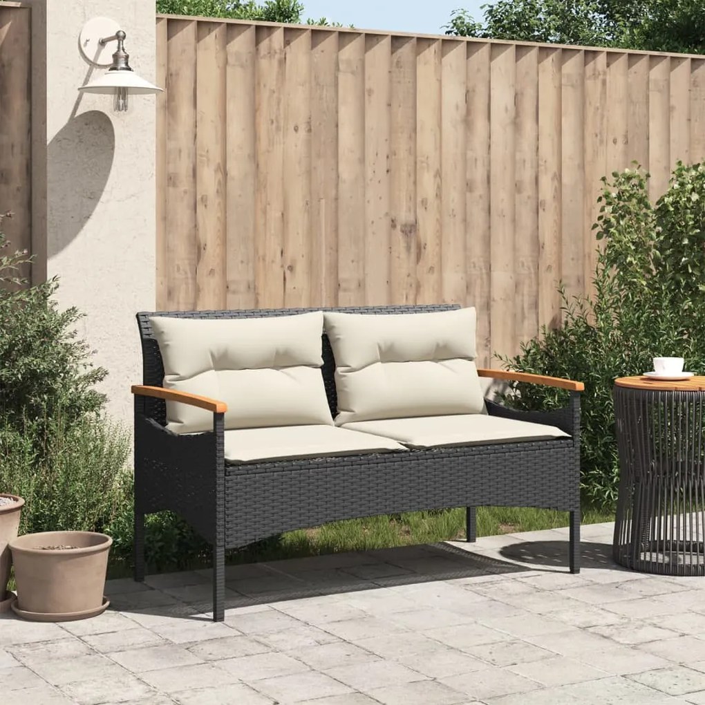 Panchina da giardino con cuscini 116x62,5x74 cm nera polyrattan