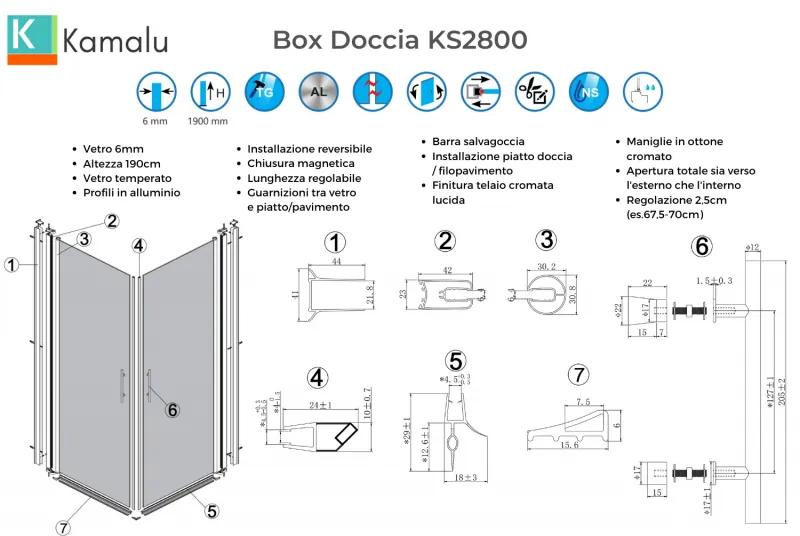 Kamalu - box doccia 90x70  due ante battenti vetro trasparente ks2800