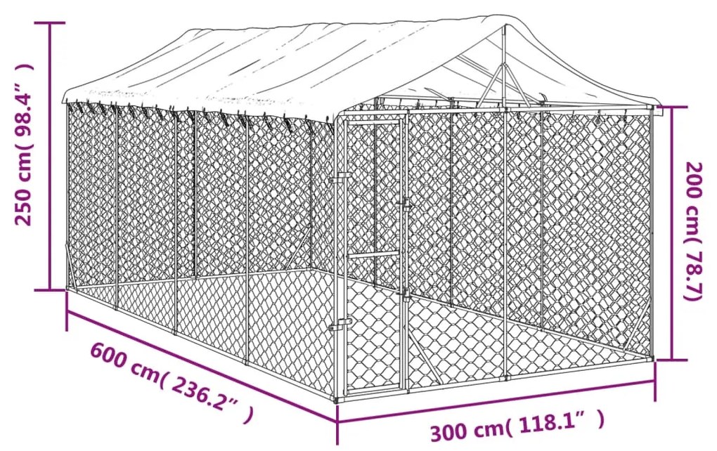 Cuccia cani da esterno tetto argento 3x6x2,5 m acciaio zincato