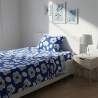 Completo letto 1 piazza e mezza blu fiori bianchi