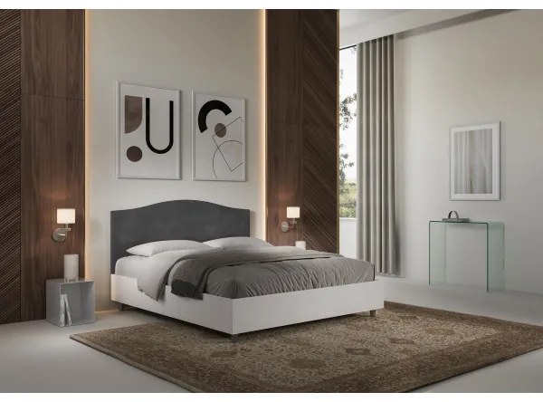 Letto contenitore da 160x190 in legno bianco e testata in microfibra grigio Grace