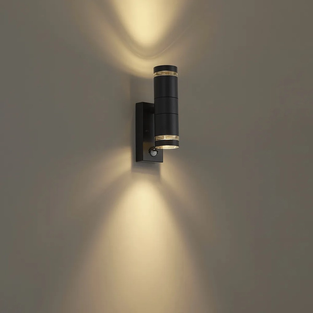 Lampada da parete moderna da esterno nera a 2 luci IP44 con sensore di movimento - Dubbla