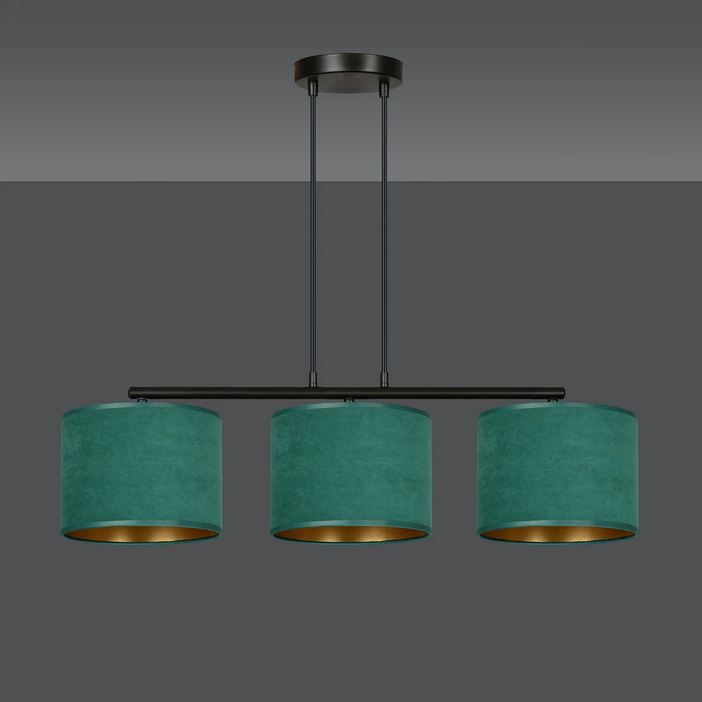 Lampadario 3 Luci Ganesha In Acciaio Nero E Paralumi In Tessuto Verde