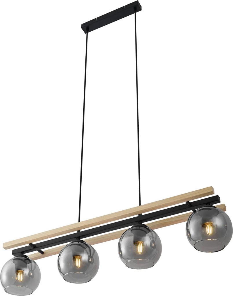 Smart hanglamp zwart met hout en smoke glas 4-lichts incl. Wifi A60 - Aleks