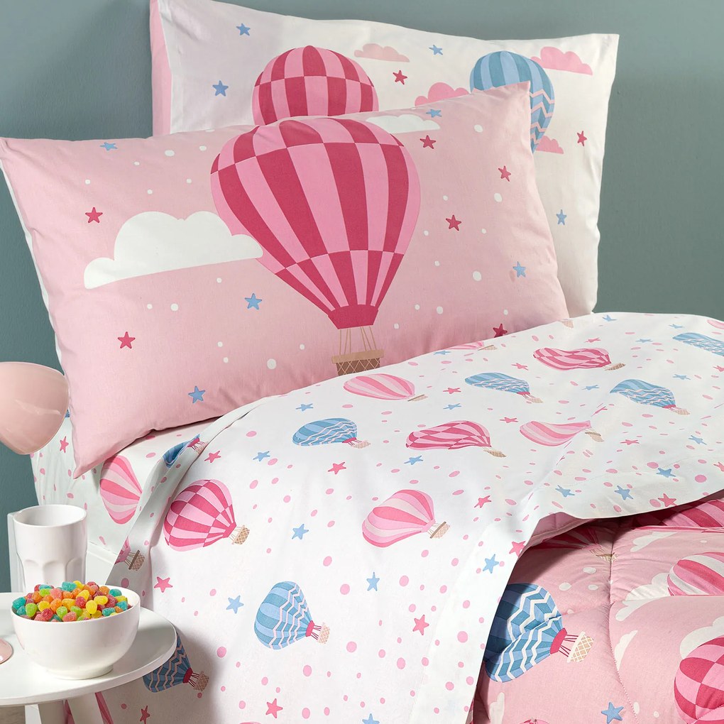 Completo Lenzuola Singolo Rosa Star Caleffi Kids, in cotone