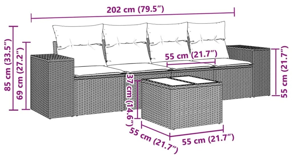 Set divano da giardino 5pz con cuscini grigio chiaro polyrattan