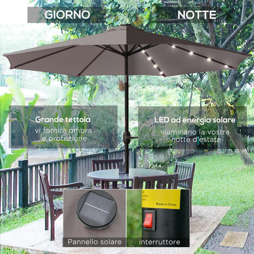 Ombrellone da Giardino Inclinabile Ø265 cm con 32 Luci LED Solari e Manovella Grigio...