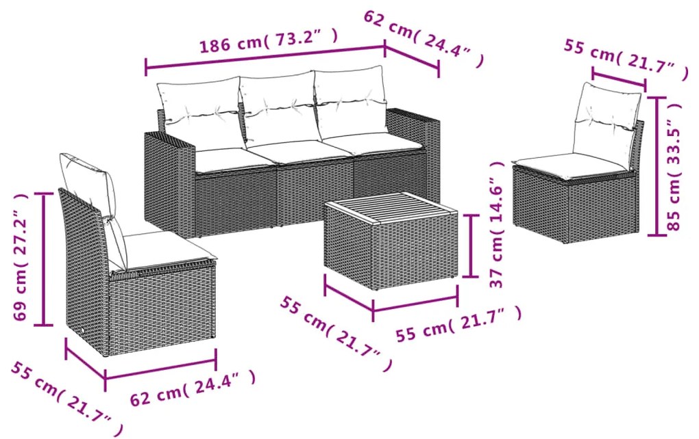 Set divano da giardino 6 pz con cuscini grigio in polyrattan