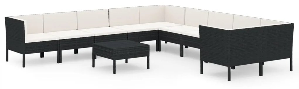 Set divani da giardino 11 pz con cuscini in polyrattan nero